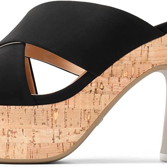 Black Open Toe Slip on Chunky Block Wedges Sandals Platform Heels - Picture 2 of 8